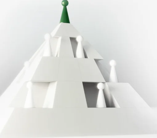 A pyramid with a green pawn at the apex and white pawns ascending — disciplined progression toward client goals