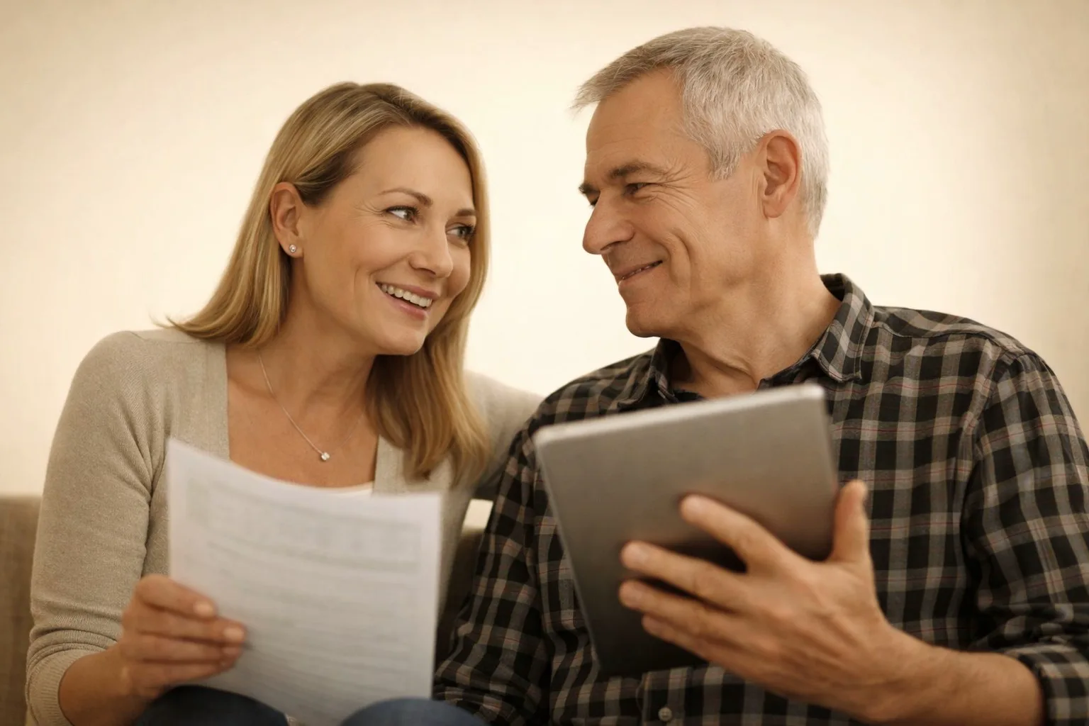 A mature couple reviewing their plan together — confident, informed, in conversation
