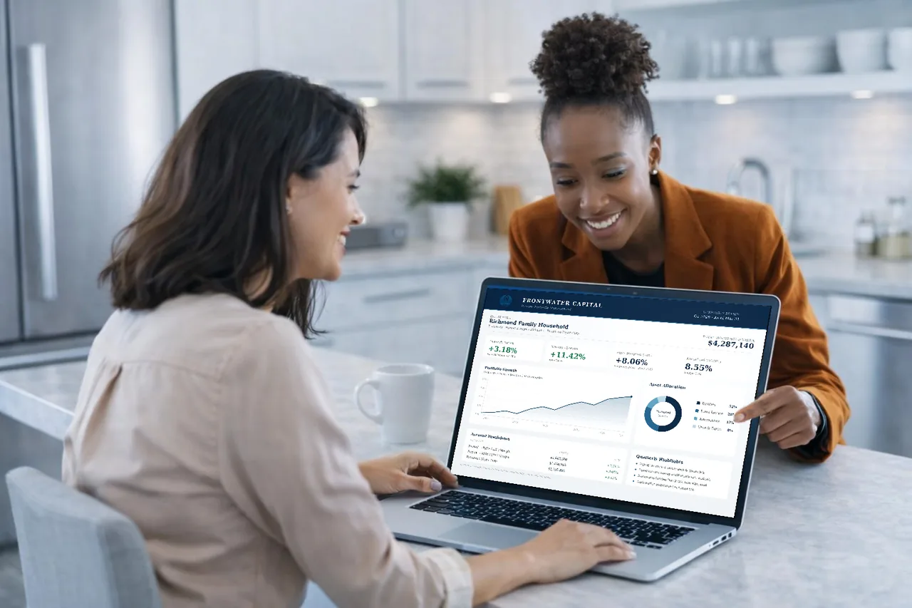 A Frontwater advisor and client reviewing a Frontwater Capital portfolio together on a laptop