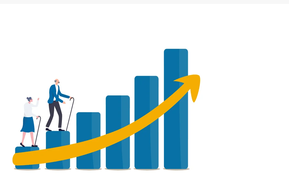 Two figures climbing an ascending bar chart with a gold arrow — retirement growth
