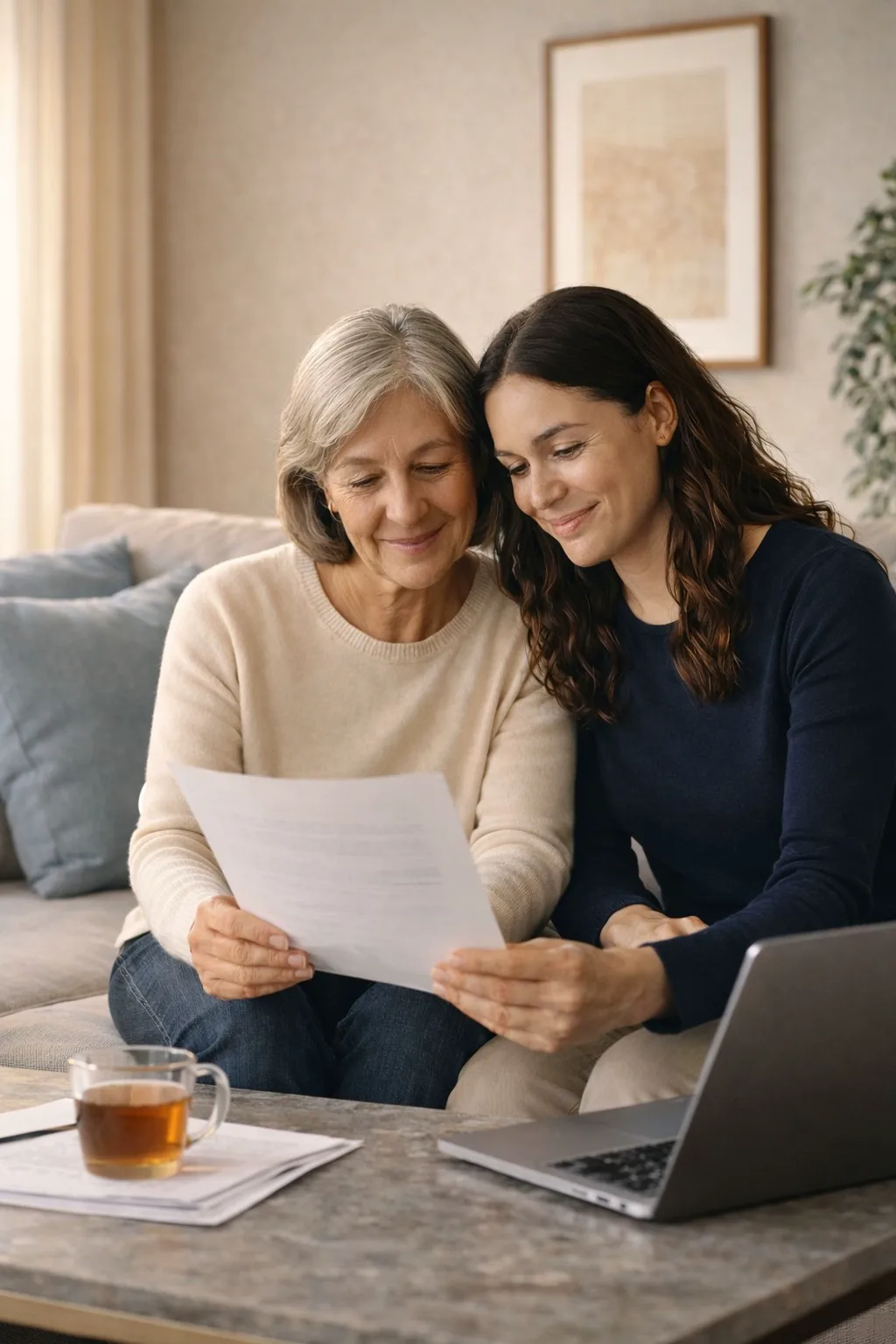 A mother and daughter reviewing finances together