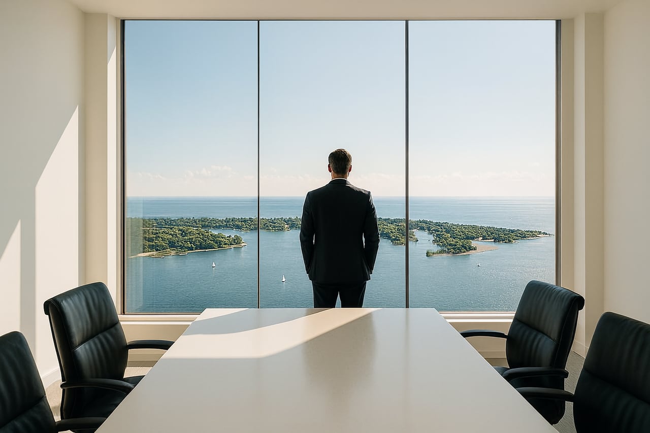 A Canadian seen in silhouette in a 40th-floor boardroom, looking out over the sunlit Toronto Islands and Lake Ontario at midday