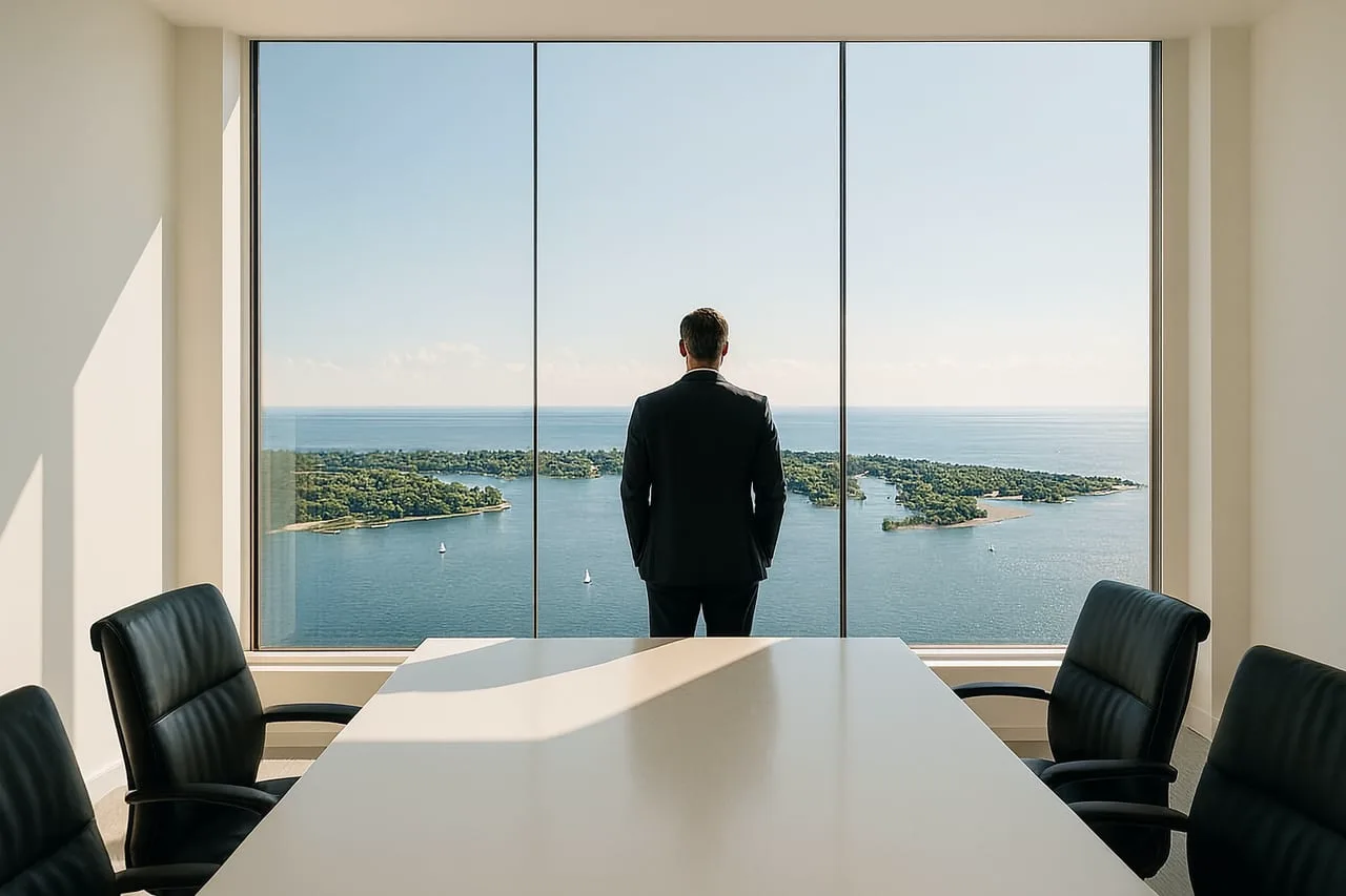 A Canadian seen in silhouette in a 40th-floor boardroom, looking out over the sunlit Toronto Islands and Lake Ontario at midday